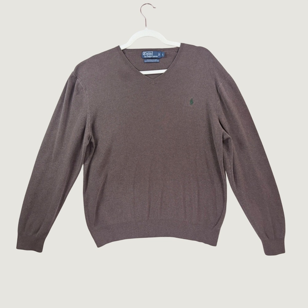 Polo Ralph Lauren V-Neck Sweater Mens L Brown Good Pima Cotton Pony Logo